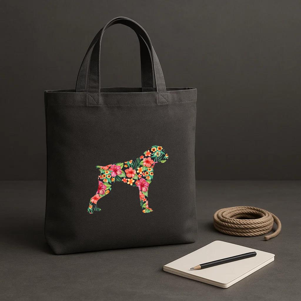 Flower Funny Dog Silhouette Floral Tote Canvas Bag image 1