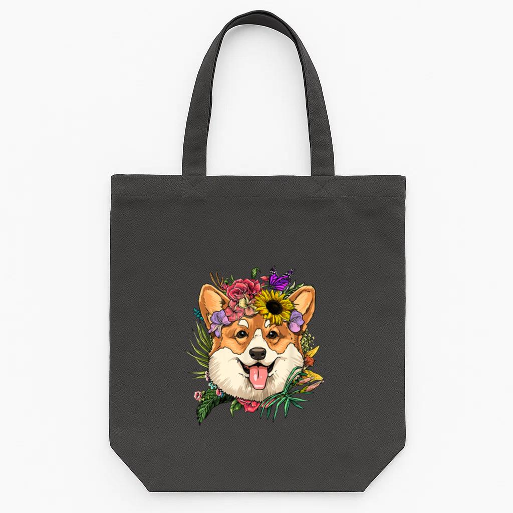 Floral Corgi Dog Spring Nature Tote Canvas Bag image 0