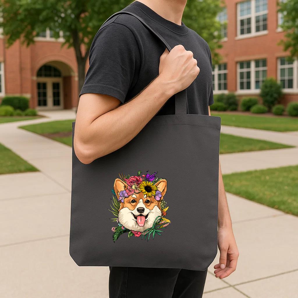 Floral Corgi Dog Spring Nature Tote Canvas Bag image 3