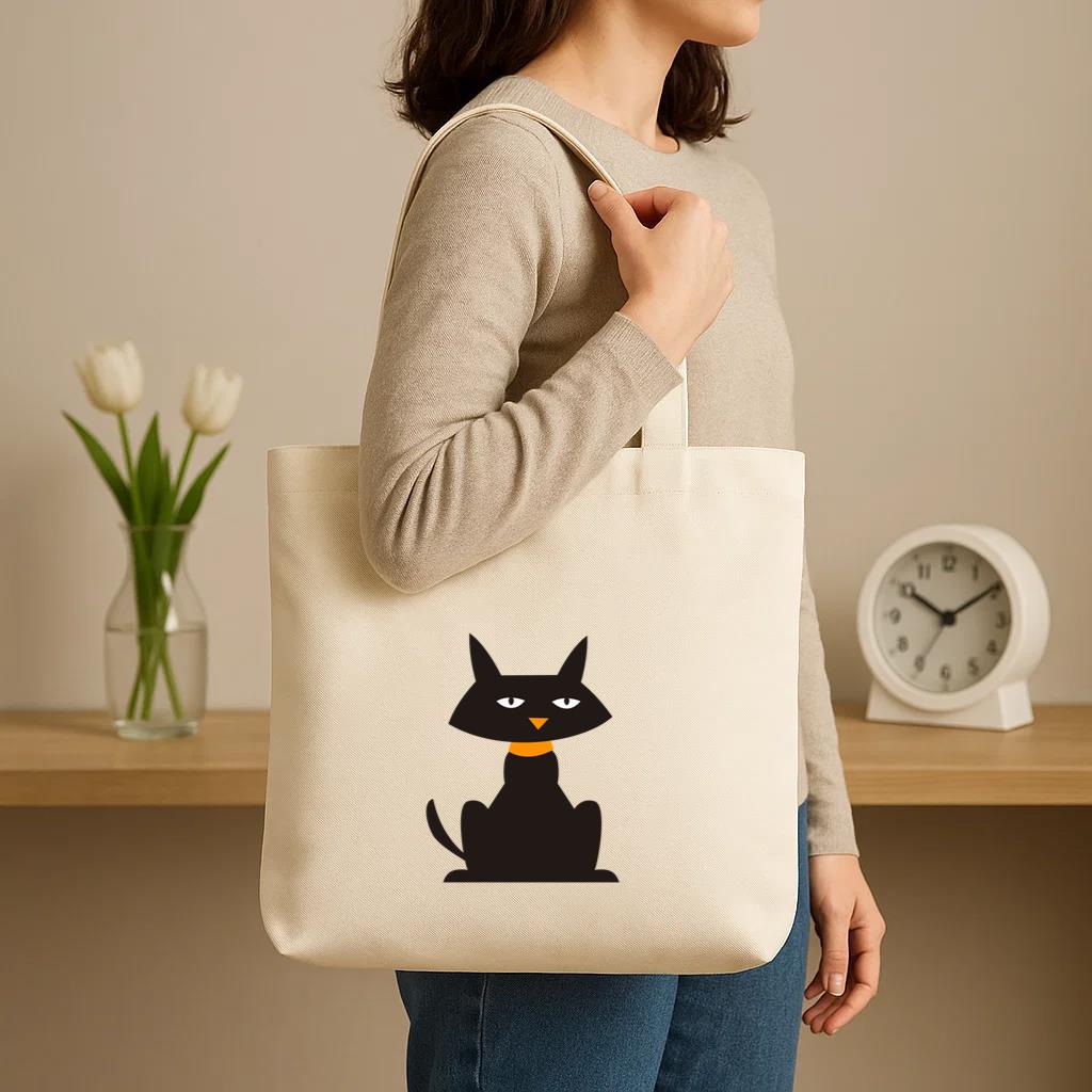 Black Cartoon Cat Canvas Tote Bag image 2