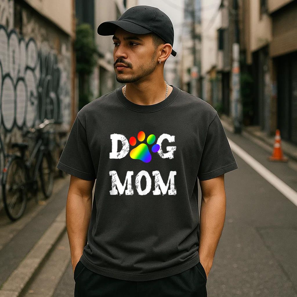 Dog Mom Pride Rainbow Paw Print T-Shirt image 2