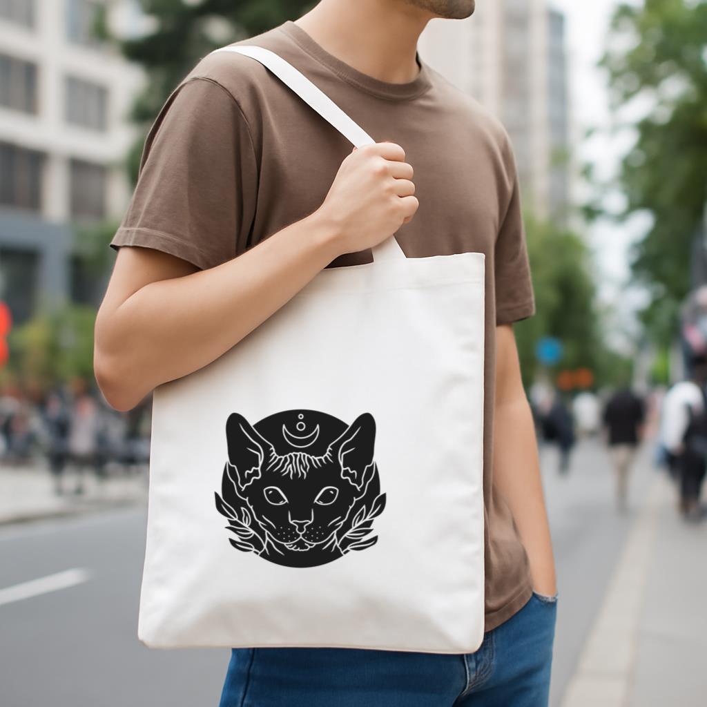 Black Cat With A Crescent Moon On Its Head Canvas Tote Bag image 3