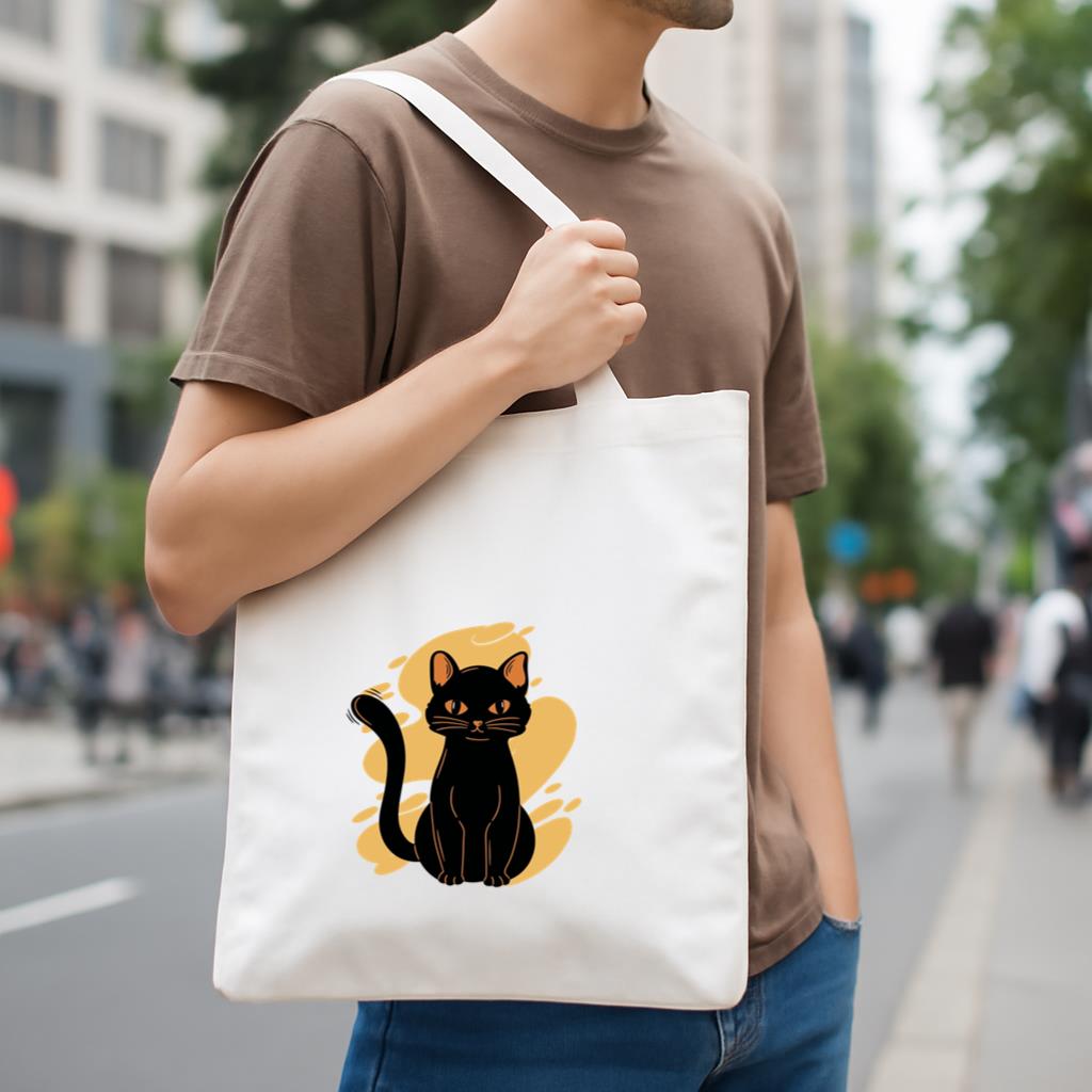 Black Cat Sitting Yellow Background Canvas Tote Bag image 3