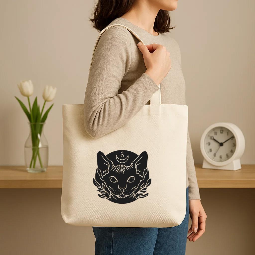 Black Cat With A Crescent Moon On Its Head Canvas Tote Bag image 2