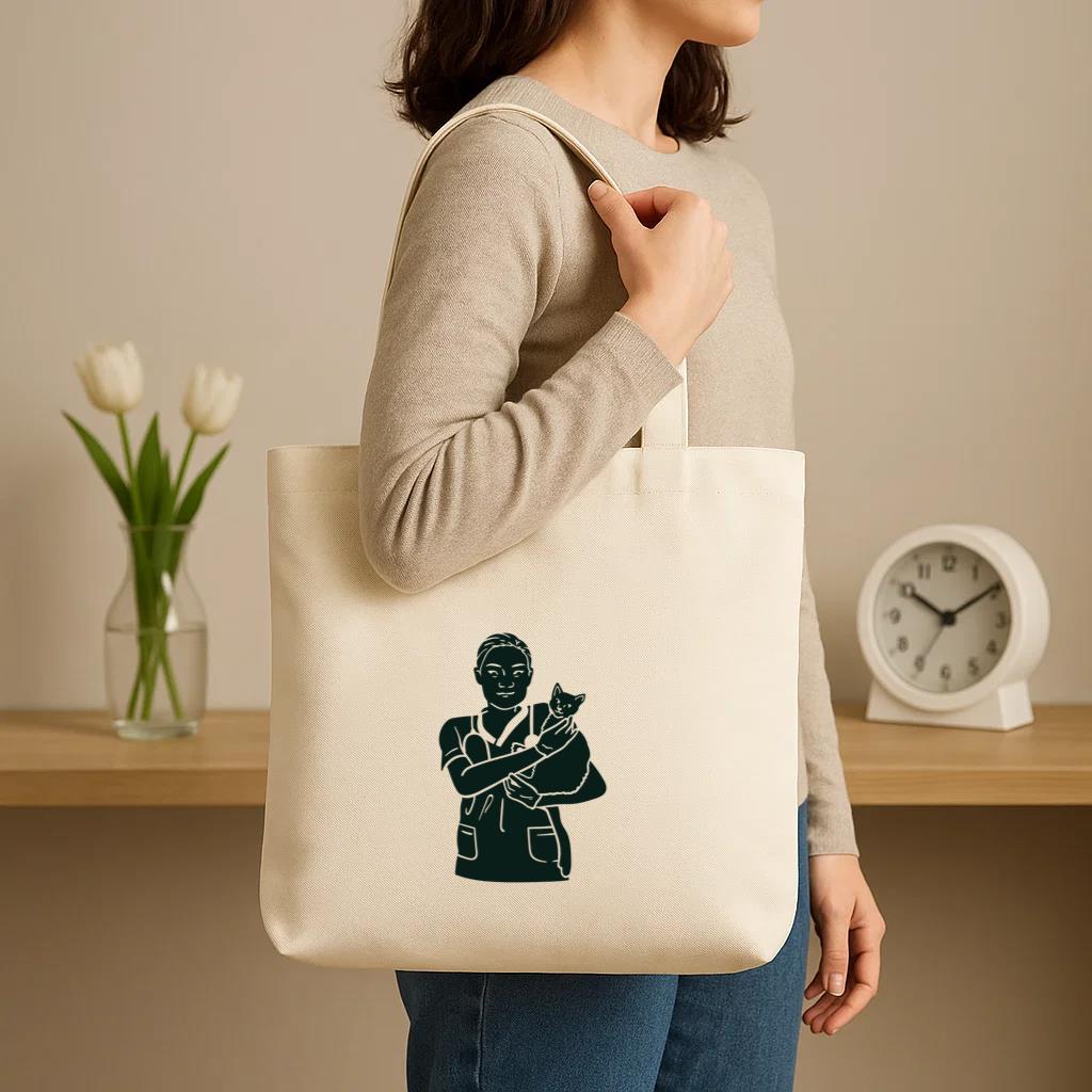 Black And White Illustration Of A Nurse Holding A Cat Canvas Tote Bag image 2