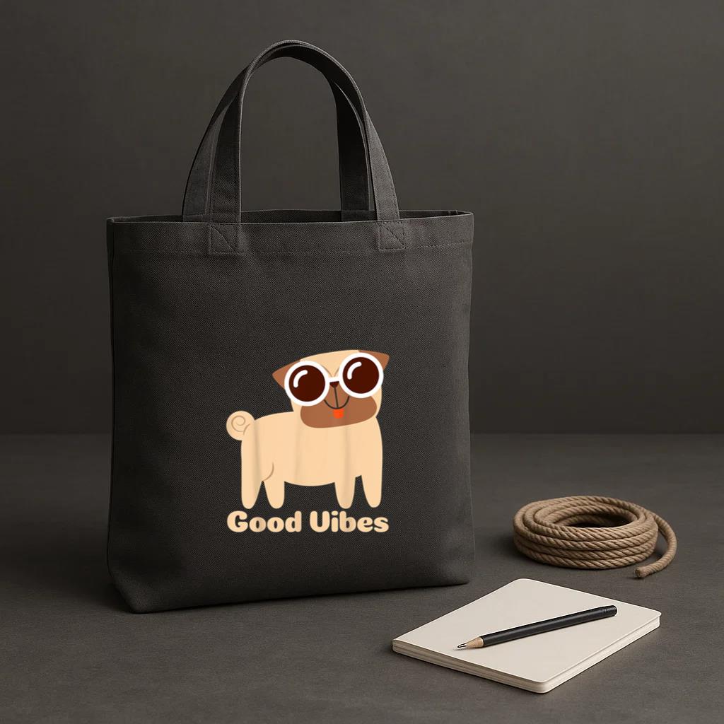 Good Vibes Pug Dog Tote Canvas Bag image 1