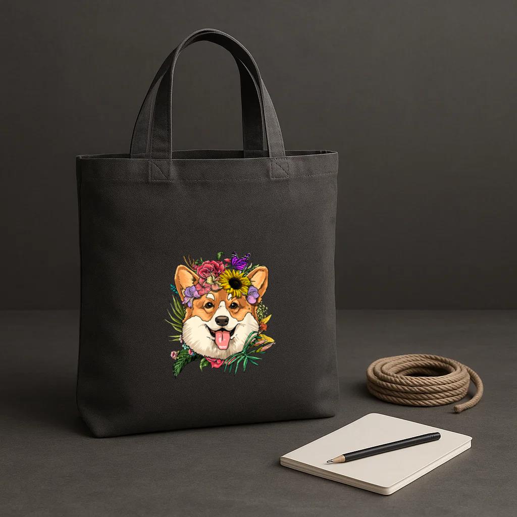 Floral Corgi Dog Spring Nature Tote Canvas Bag image 1