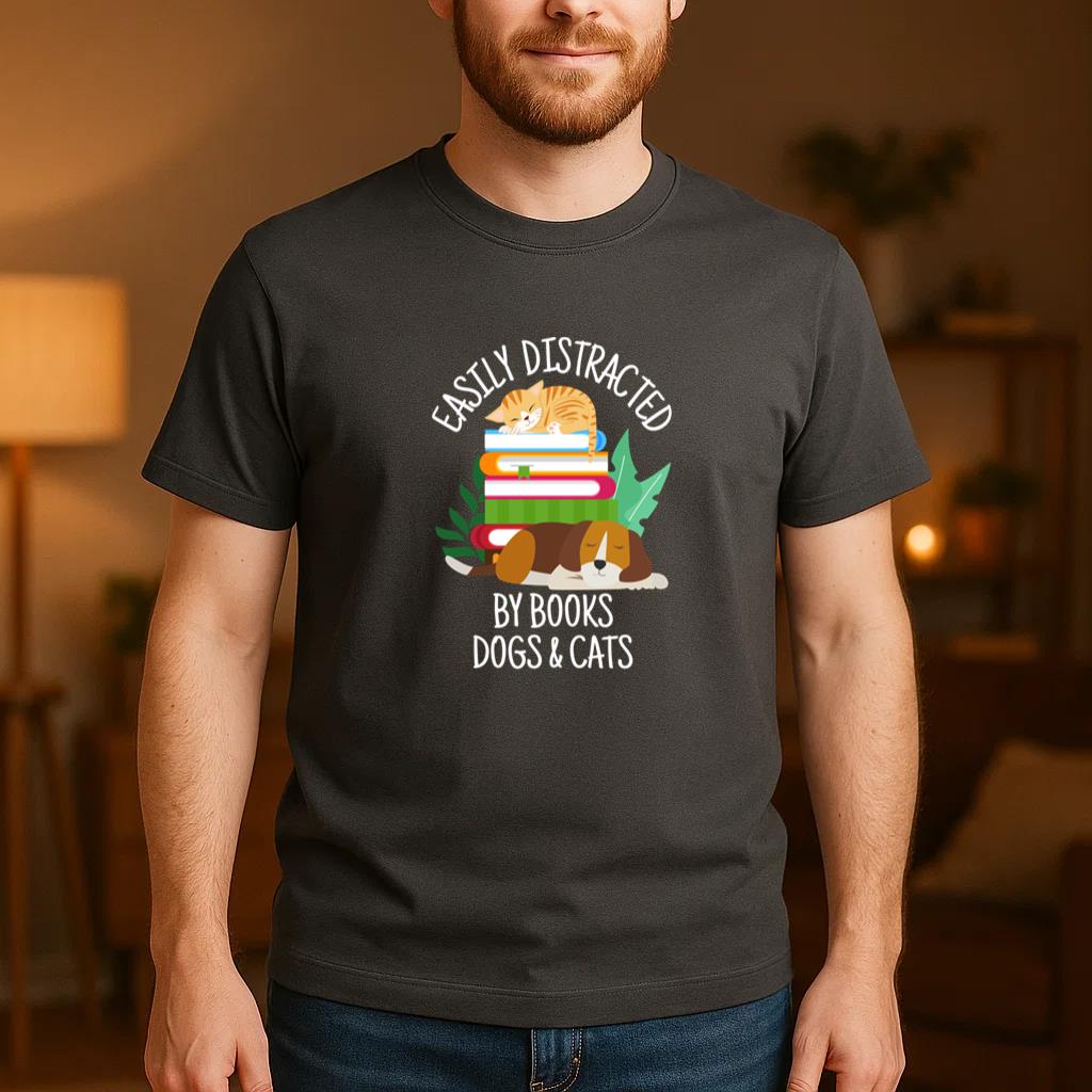 Easily Distracted By Dogs Cats And Books T-Shirt image 3