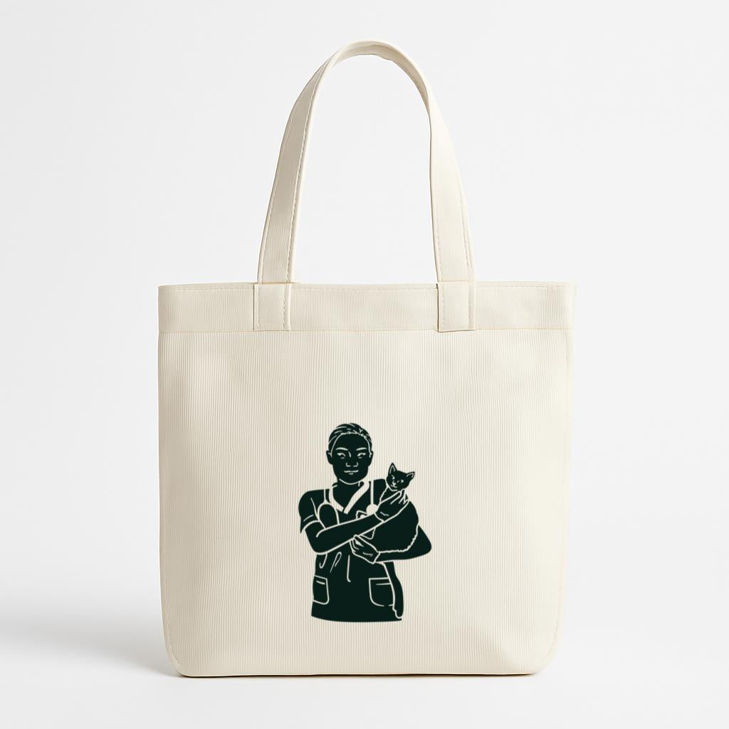Black And White Illustration Of A Nurse Holding A Cat Canvas Tote Bag image 0