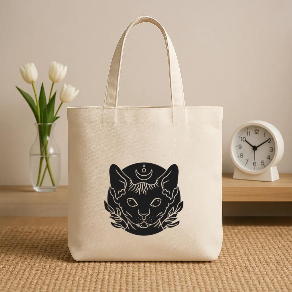 Black Cat With A Crescent Moon On Its Head Canvas Tote Bag image 1