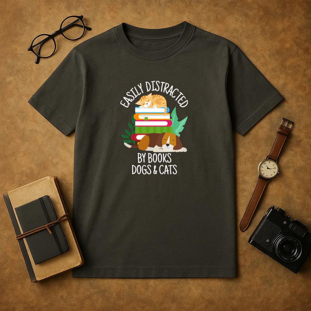 Easily Distracted By Dogs Cats And Books T-Shirt image 0
