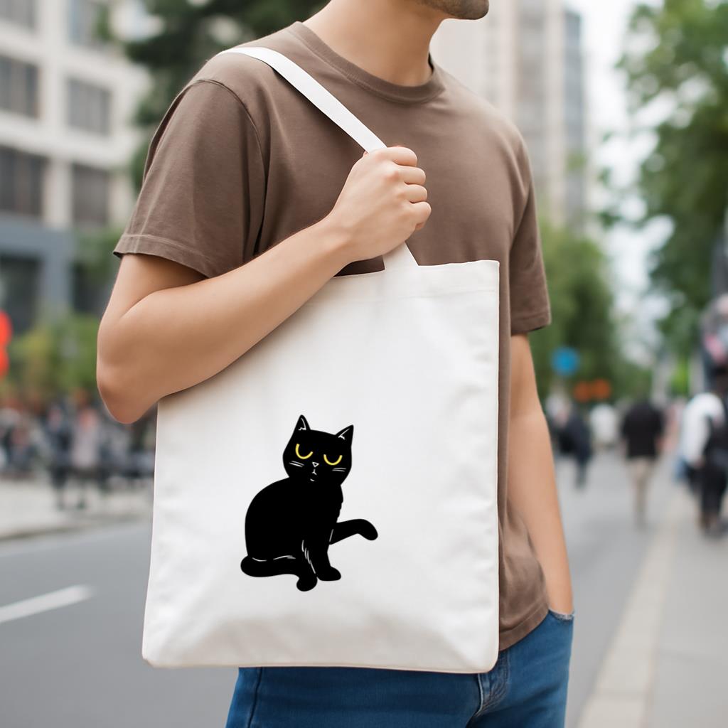 Black Cat With Yellow Eyes Sitting Canvas Tote Bag image 3