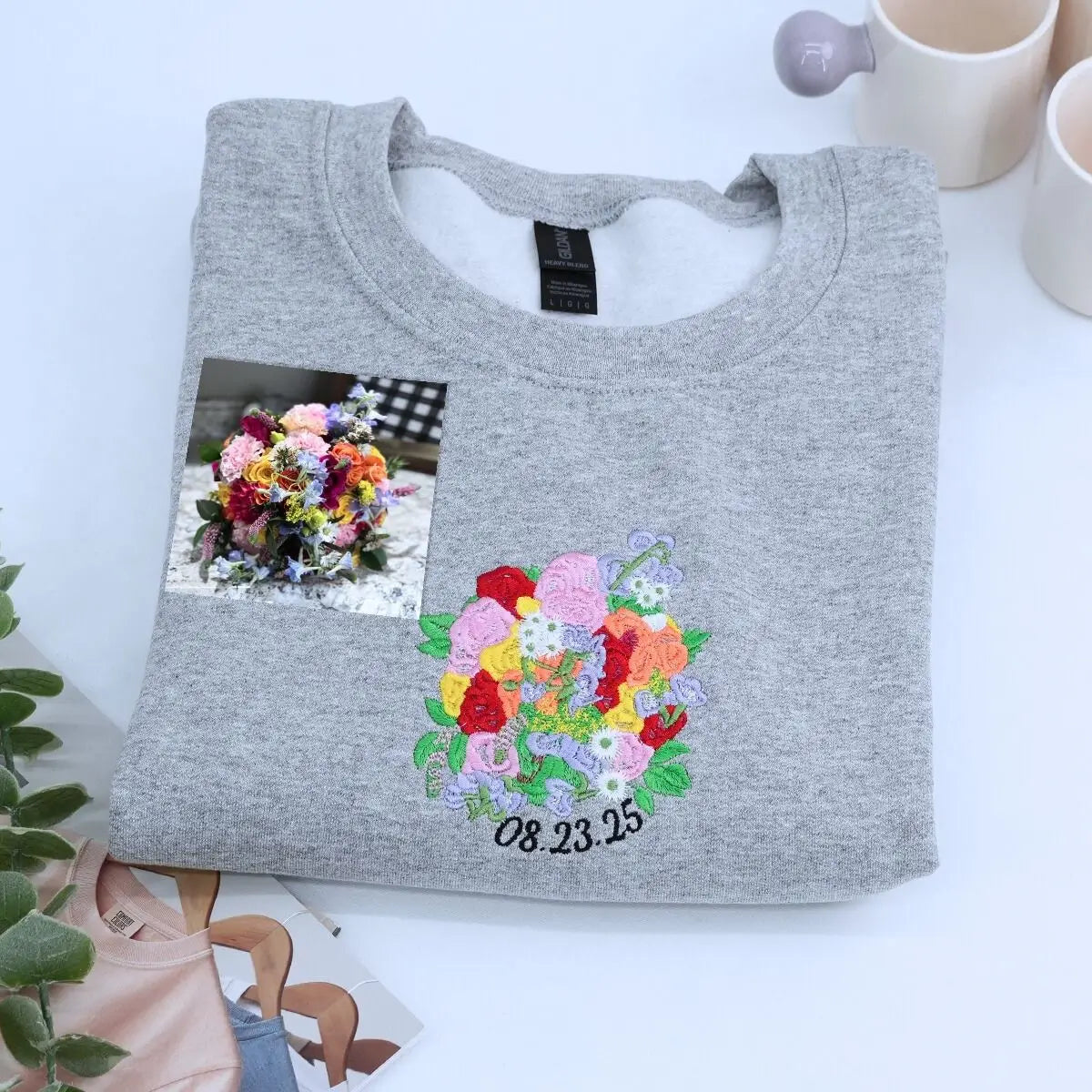 Custom Wedding Bouquet Embroidered Sweatshirt, Anniversary Gift