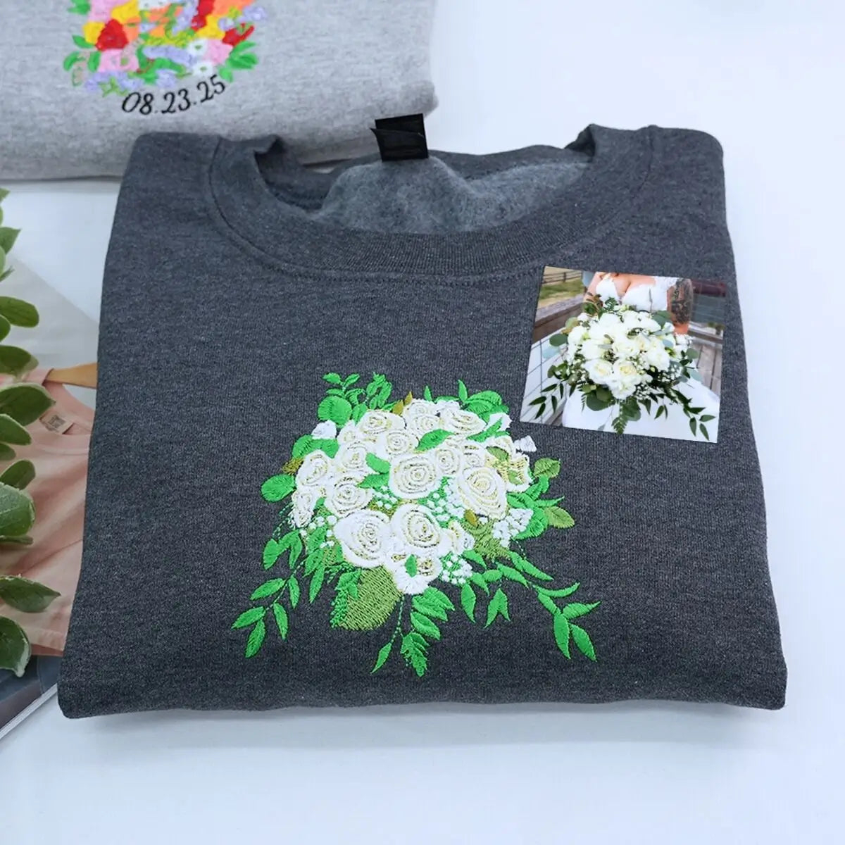 Custom Wedding Bouquet Embroidered Sweatshirt, Anniversary Gift
