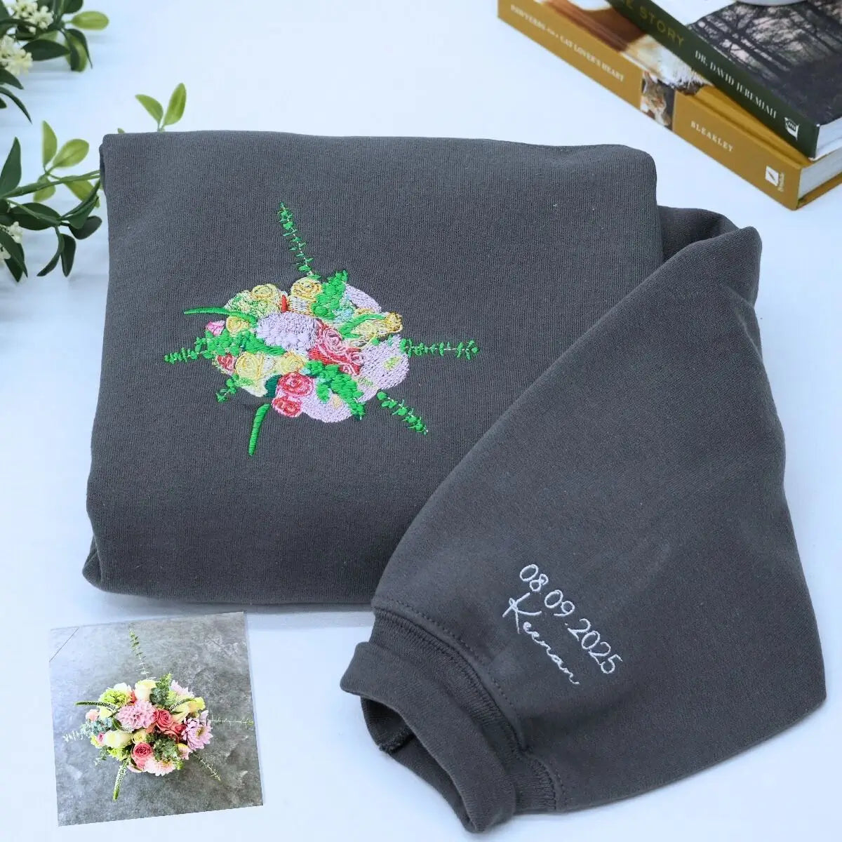 Custom Wedding Bouquet Embroidered Sweatshirt, Anniversary Gift