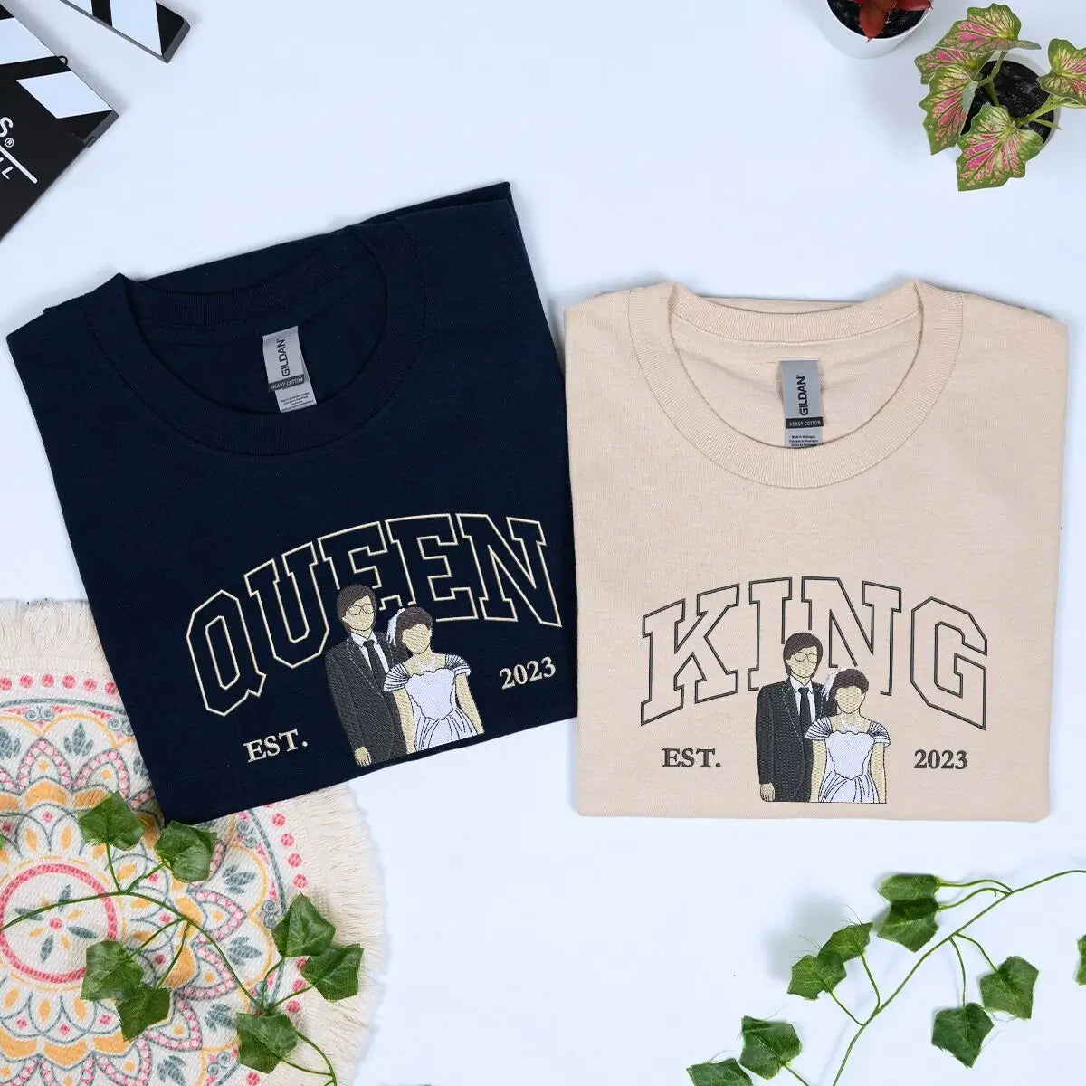 Personalized King and Queen Couple Shirts with Photo Embroidery