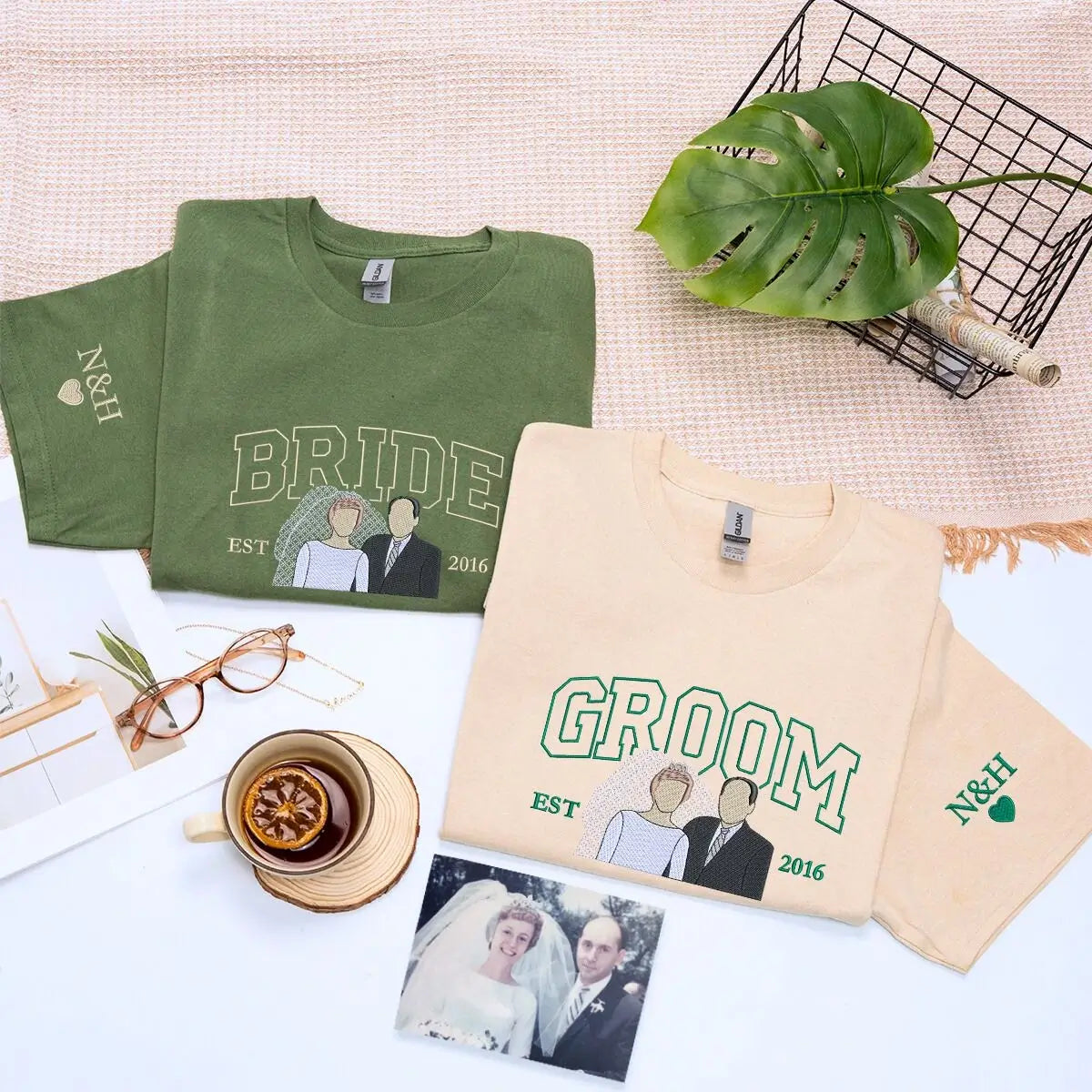Custom Embroidered Couple Shirts with Portrait | Wedding Gift Set