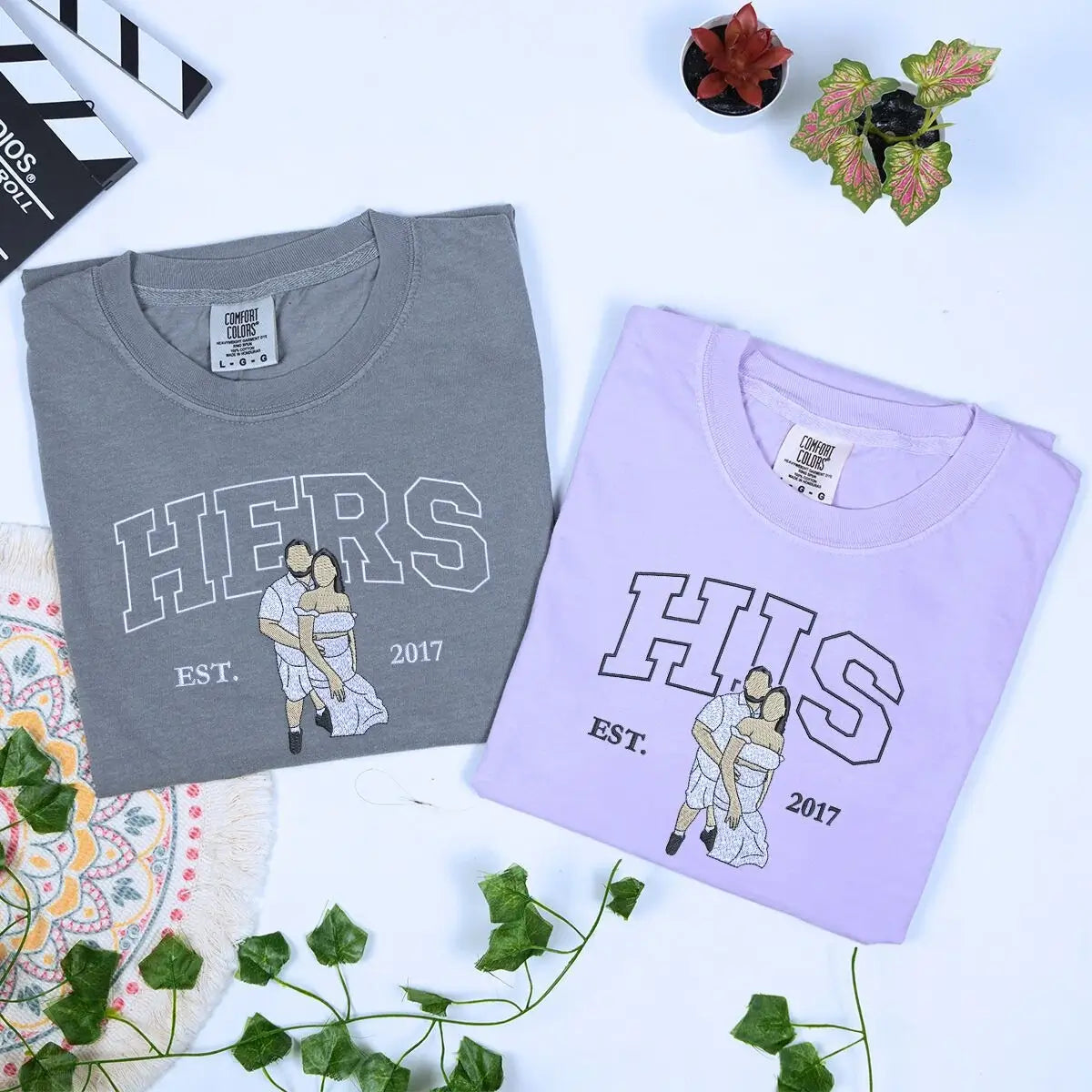Custom Embroidered Couple Portrait Matching Shirts - Personalized Gift
