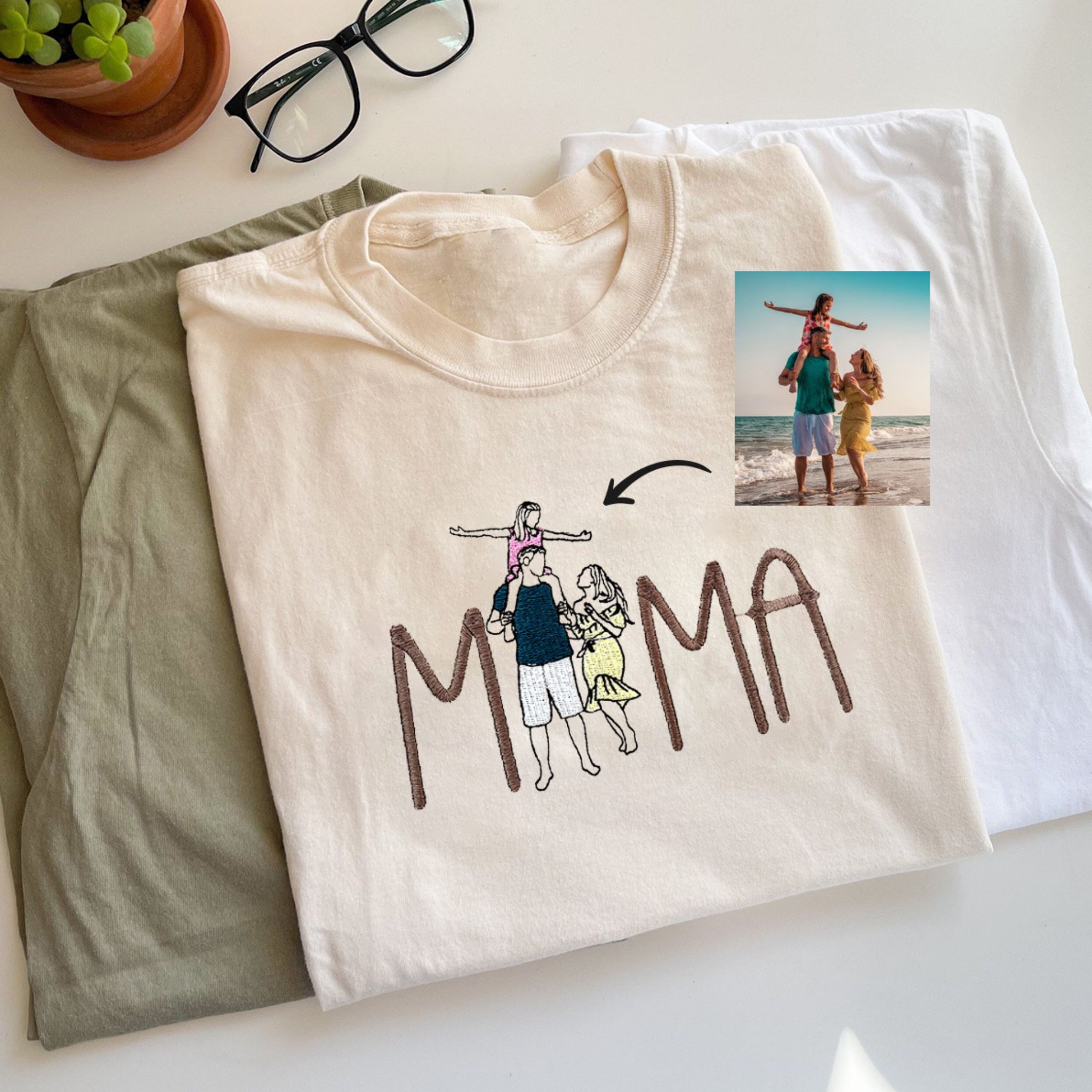 Custom Portrait Mama Embroidered Shirt - Personalized Tee Gift for Mom