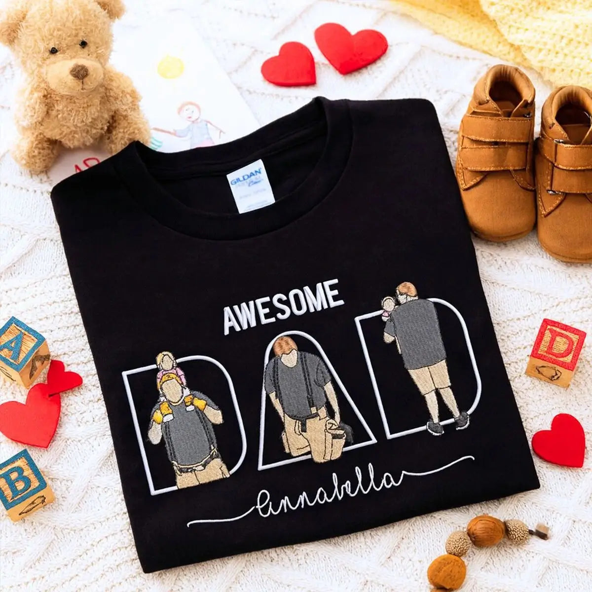 Embroidered Awesome Dad Custom T-Shirt with Kids Names, Tribute Gift