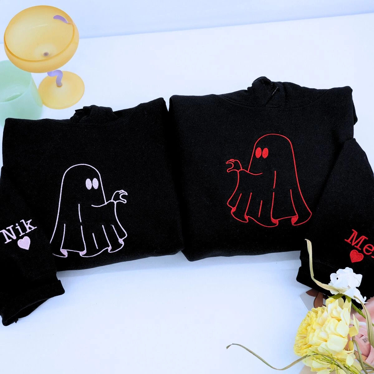 Personalized Ghost Heart Hands Couple T-Shirt - Halloween Embroidered Gift