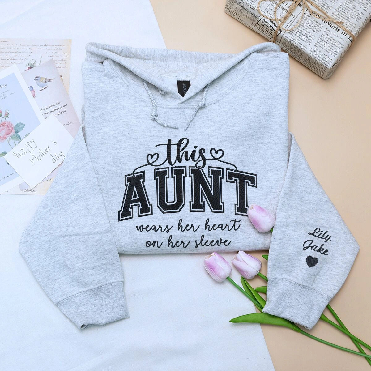 Personalized Embroidered Aunt Heart Sleeve Sweatshirt or Hoodie