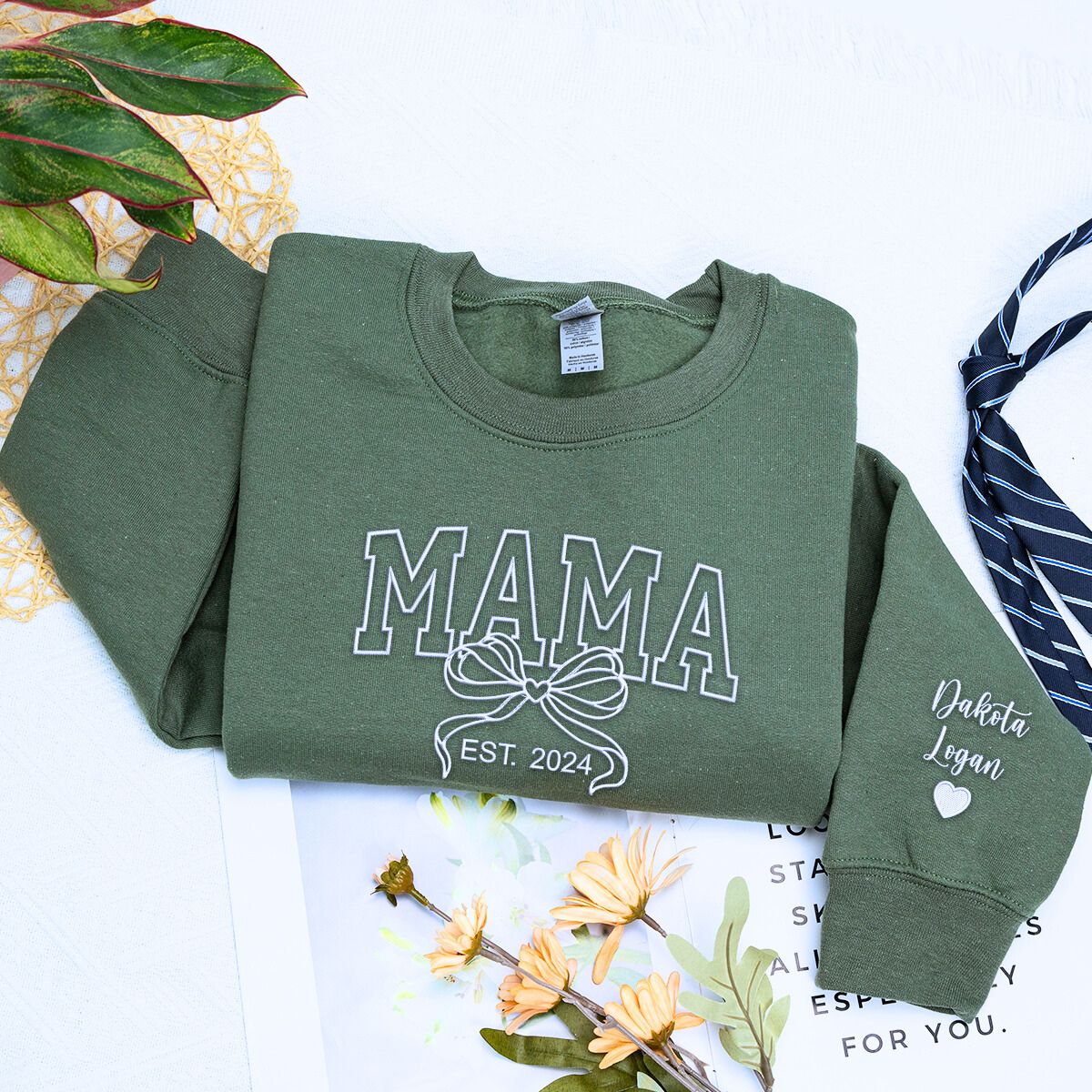 Personalized Mama Est. Year Embroidered Coquette Sweatshirt