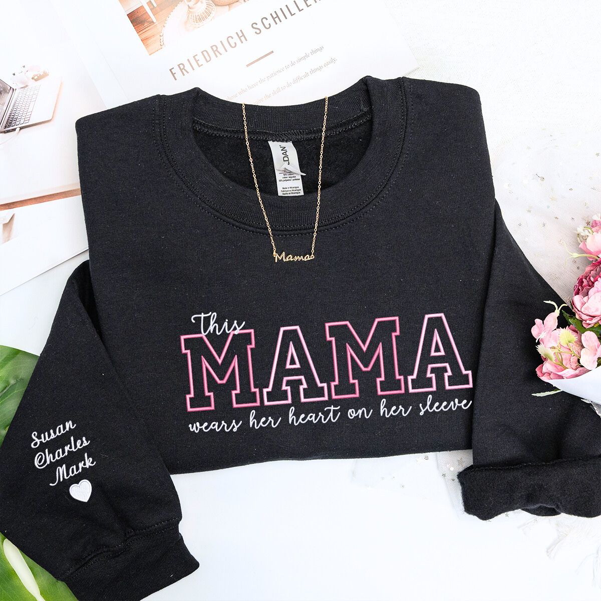 Personalized Mothers Day Embroidered Heart Sleeve Sweatshirt