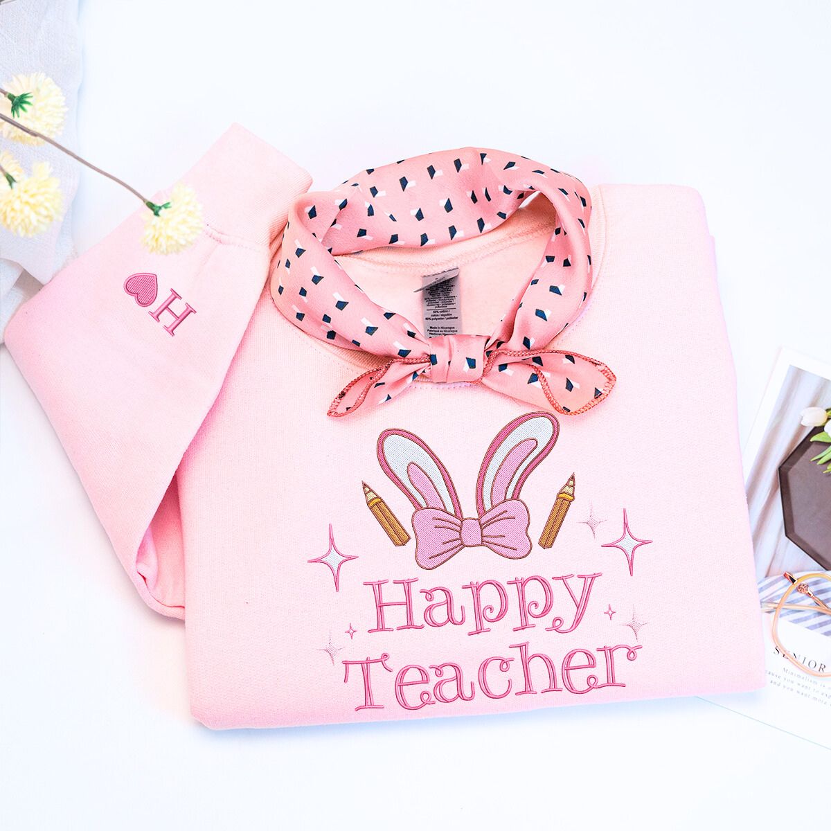 Teacher Embroidered Coquette Bow Sweatshirt/Hoodie for Easter Gift