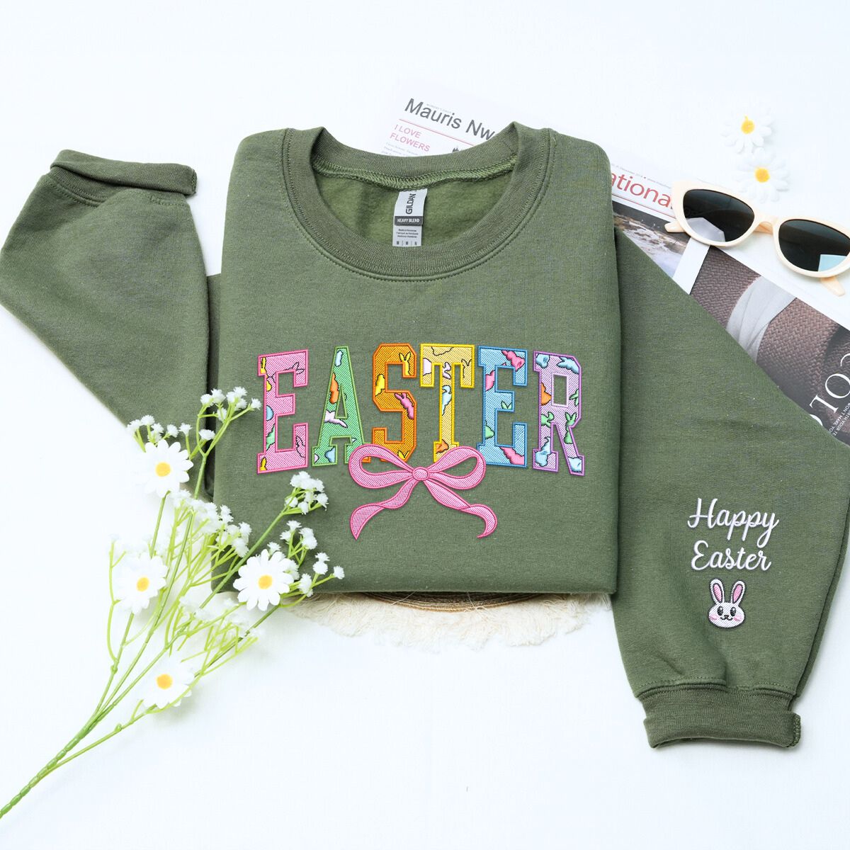 Easter Embroidered Happy Sweatshirt or Hoodie in Various Colors