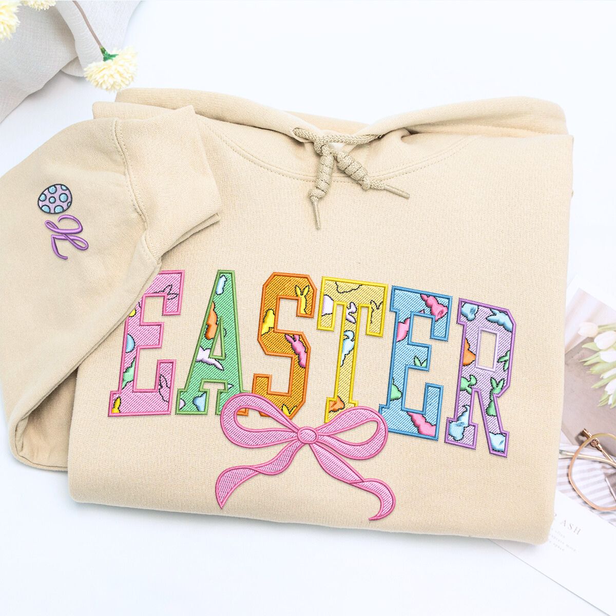 Easter Embroidered Happy Sweatshirt or Hoodie in Various Colors