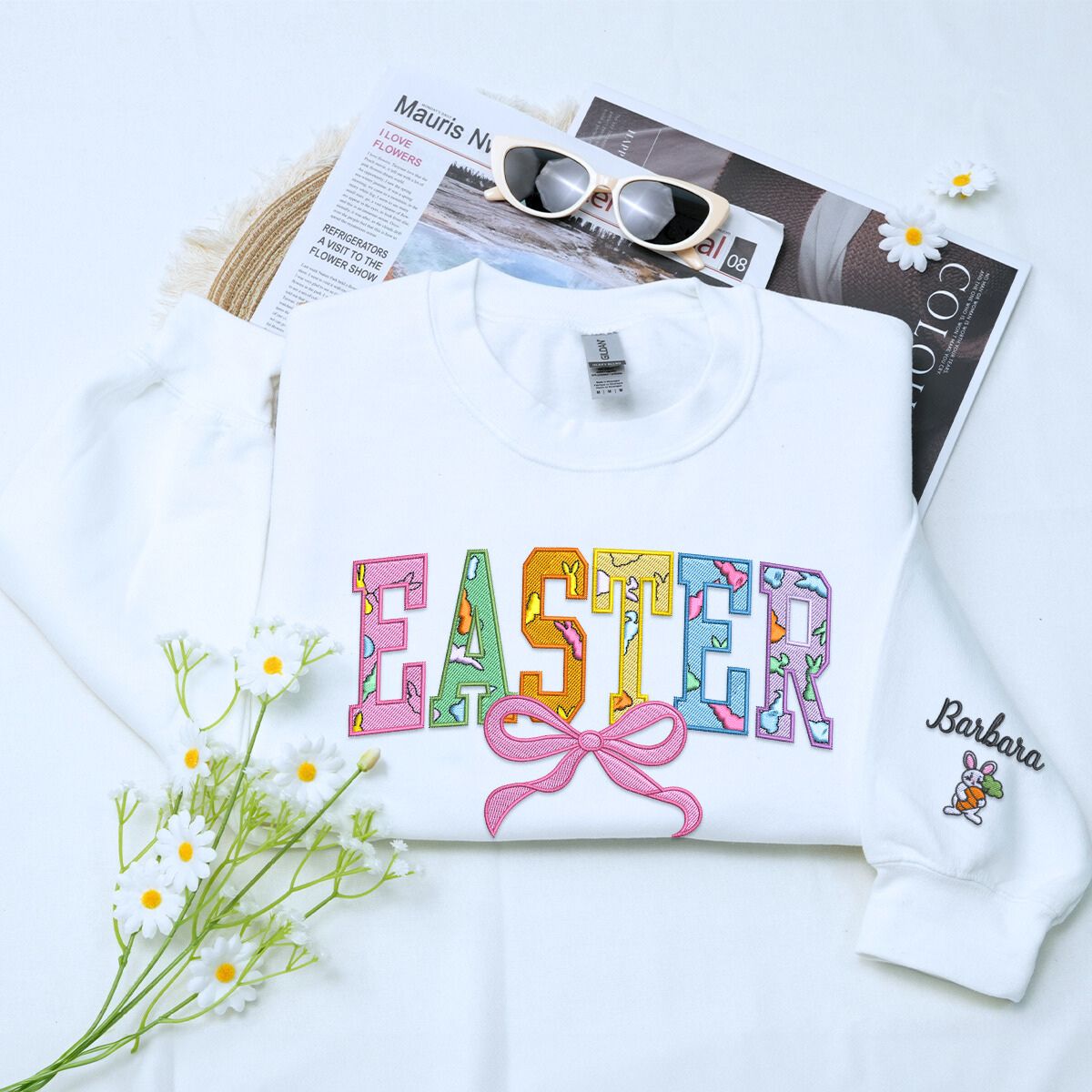 Easter Embroidered Happy Sweatshirt or Hoodie in Various Colors
