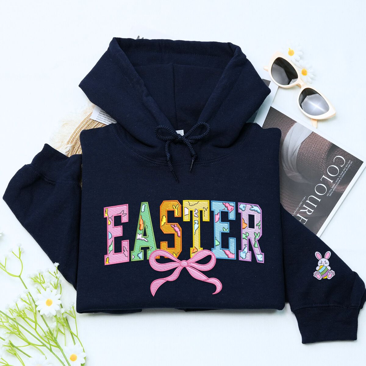 Easter Embroidered Happy Sweatshirt or Hoodie in Various Colors