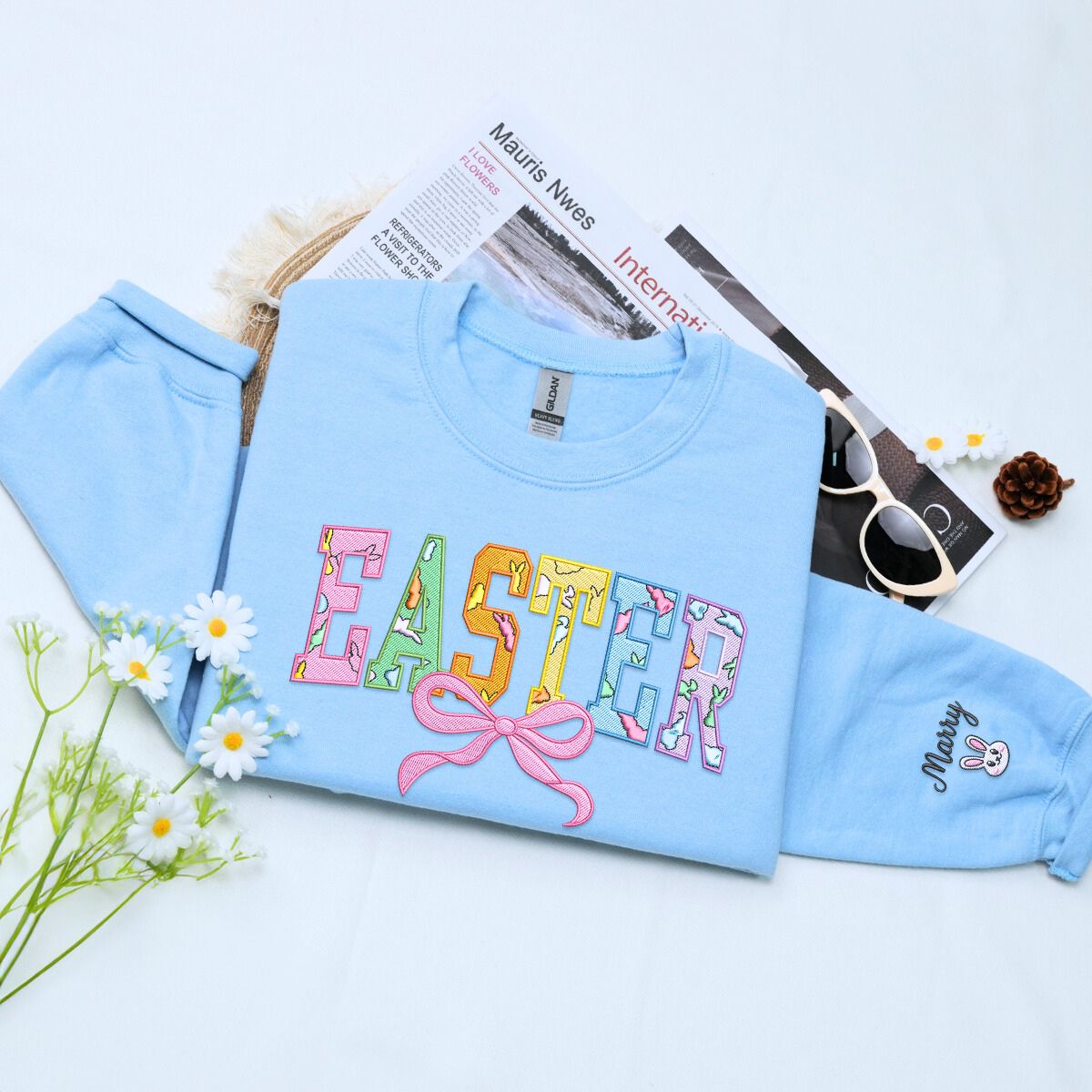 Easter Embroidered Happy Sweatshirt or Hoodie in Various Colors