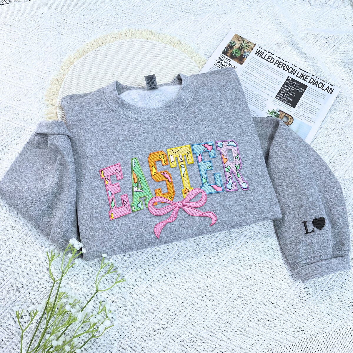 Easter Embroidered Happy Sweatshirt or Hoodie in Various Colors