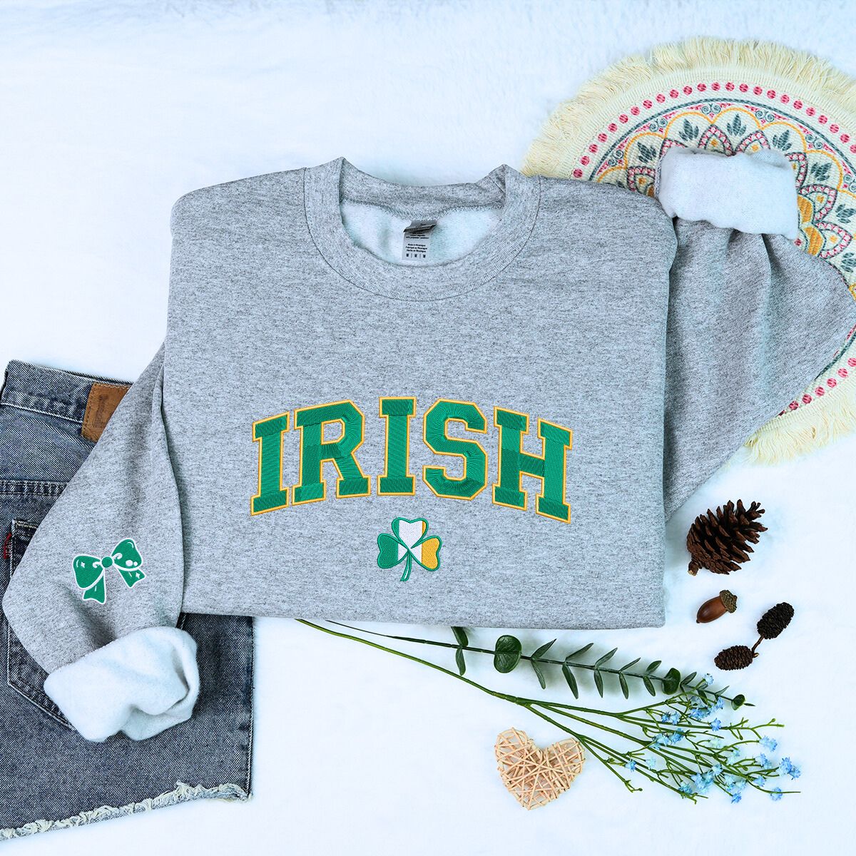 Embroidered Irish Shamrock Flag Sweatshirt for St Patricks Day