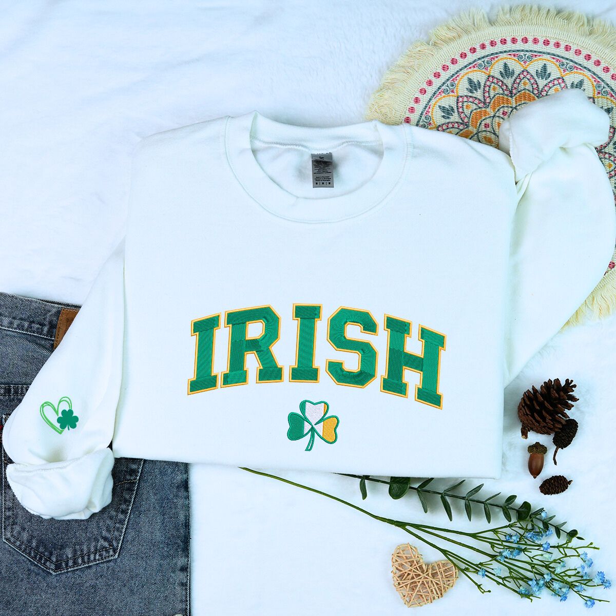 Embroidered Irish Shamrock Flag Sweatshirt for St Patricks Day