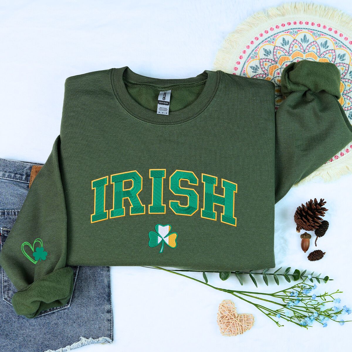 Embroidered Irish Shamrock Flag Sweatshirt for St Patricks Day