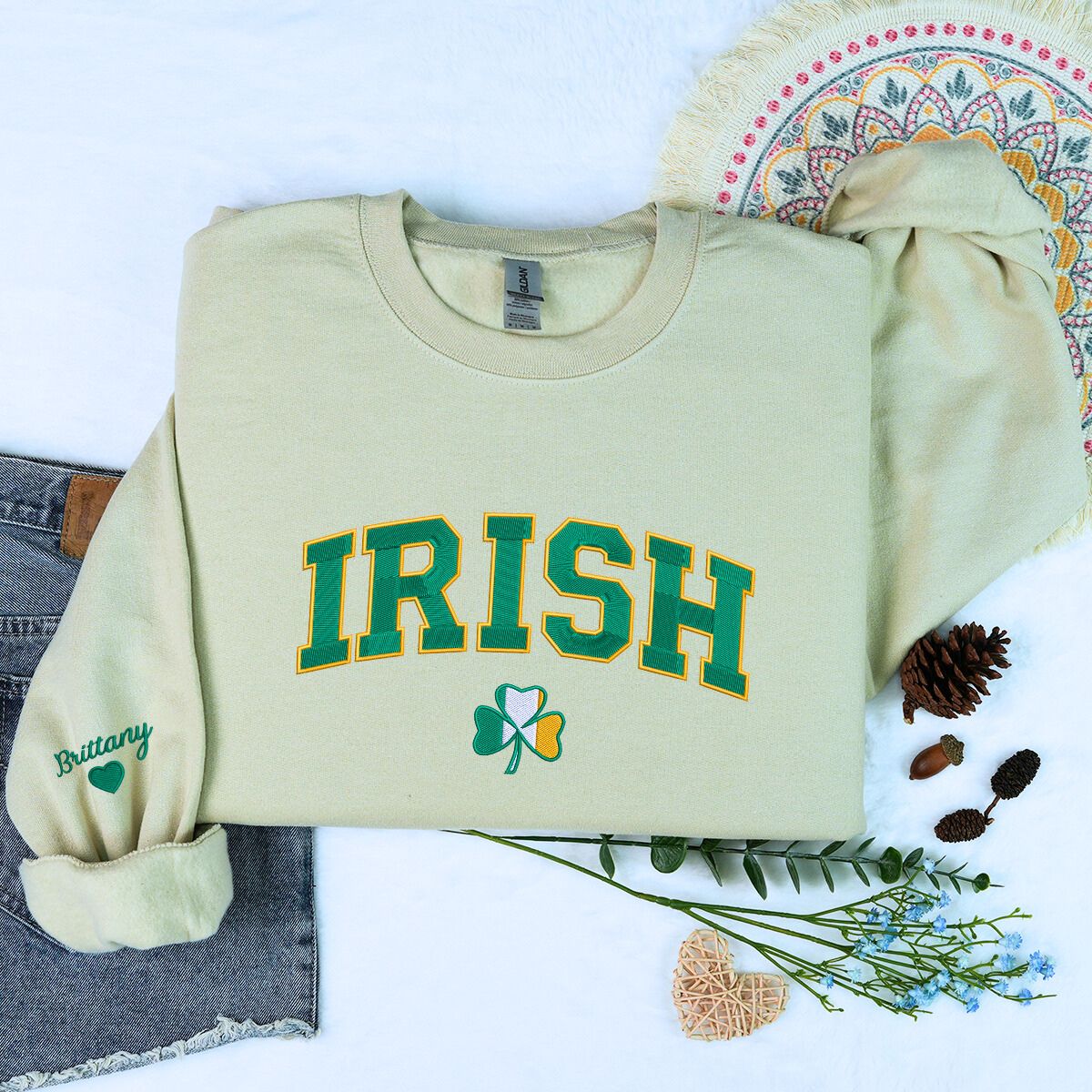Embroidered Irish Shamrock Flag Sweatshirt for St Patricks Day