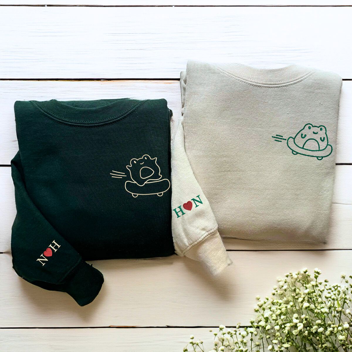Custom Frog Embroidered Matching Hoodies for Couples
