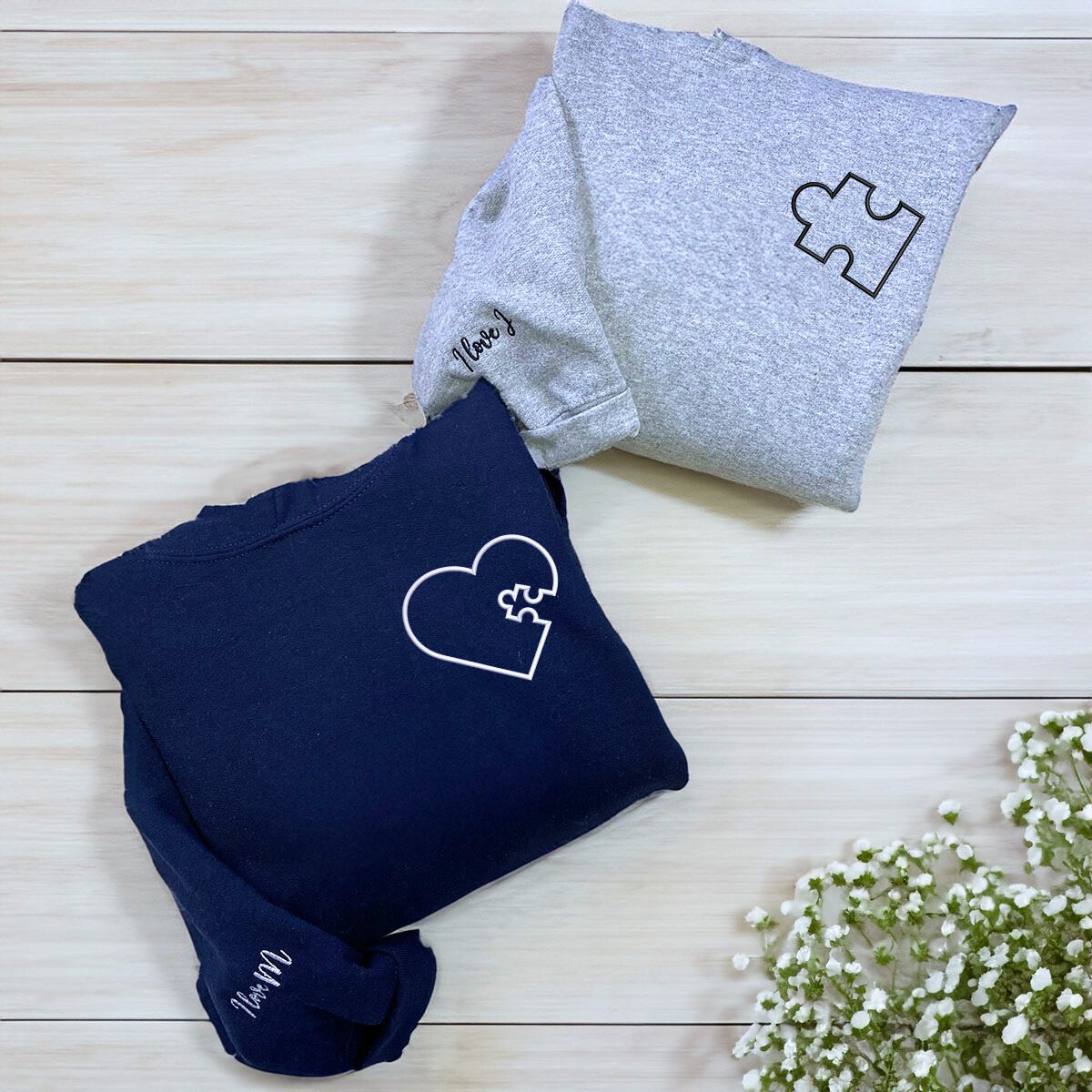 Custom Heart Puzzle Embroidered Hoodie or Sweatshirt