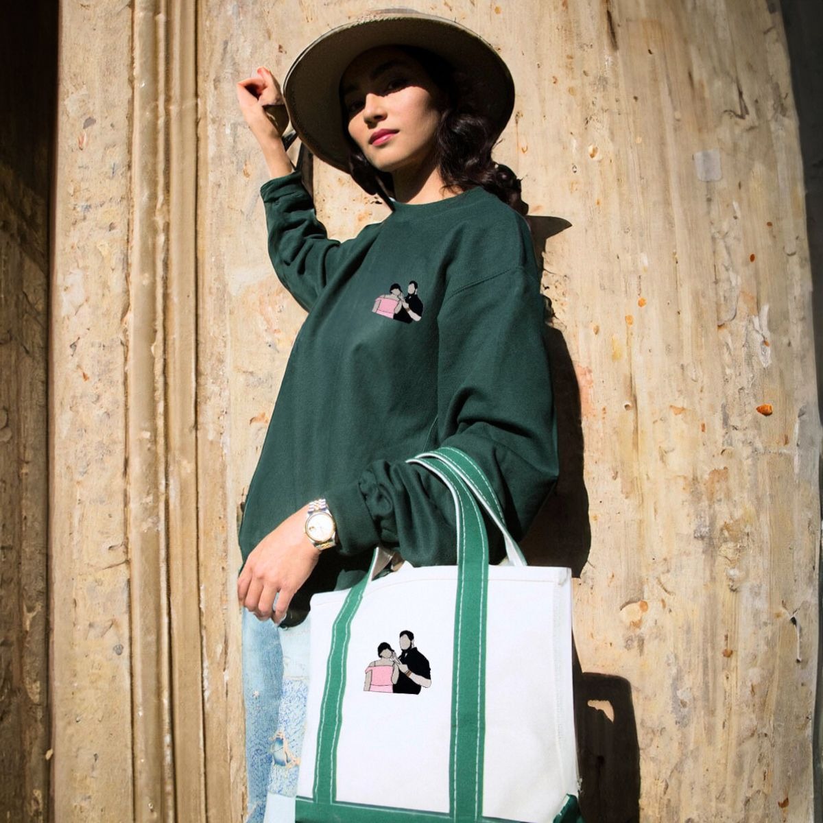Custom Portrait Embroidered Sweatshirt Hat Tote Bag Trio Pack