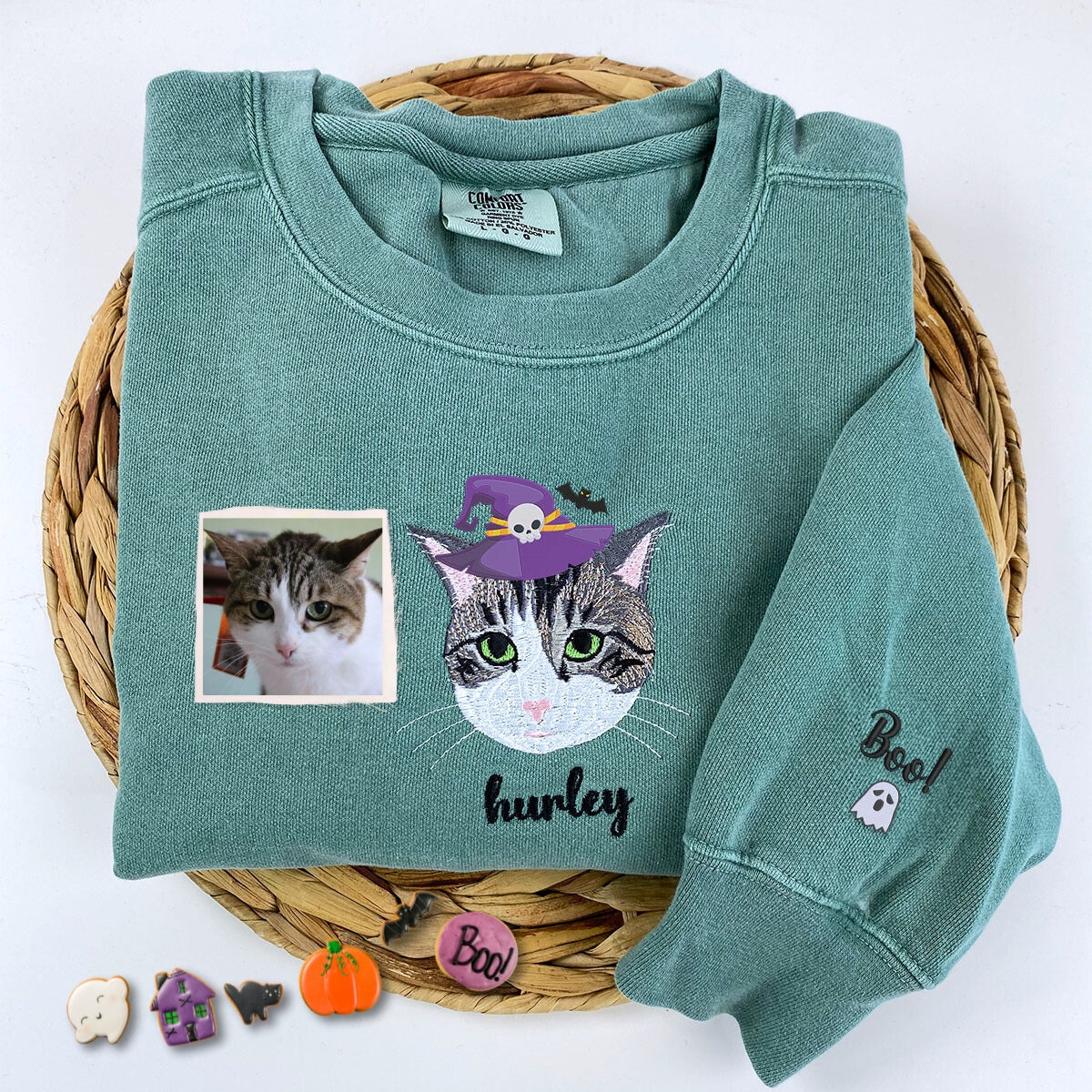 Custom Embroidered Cat Portrait Witch Hat Halloween T-Shirt or Sweatshirt
