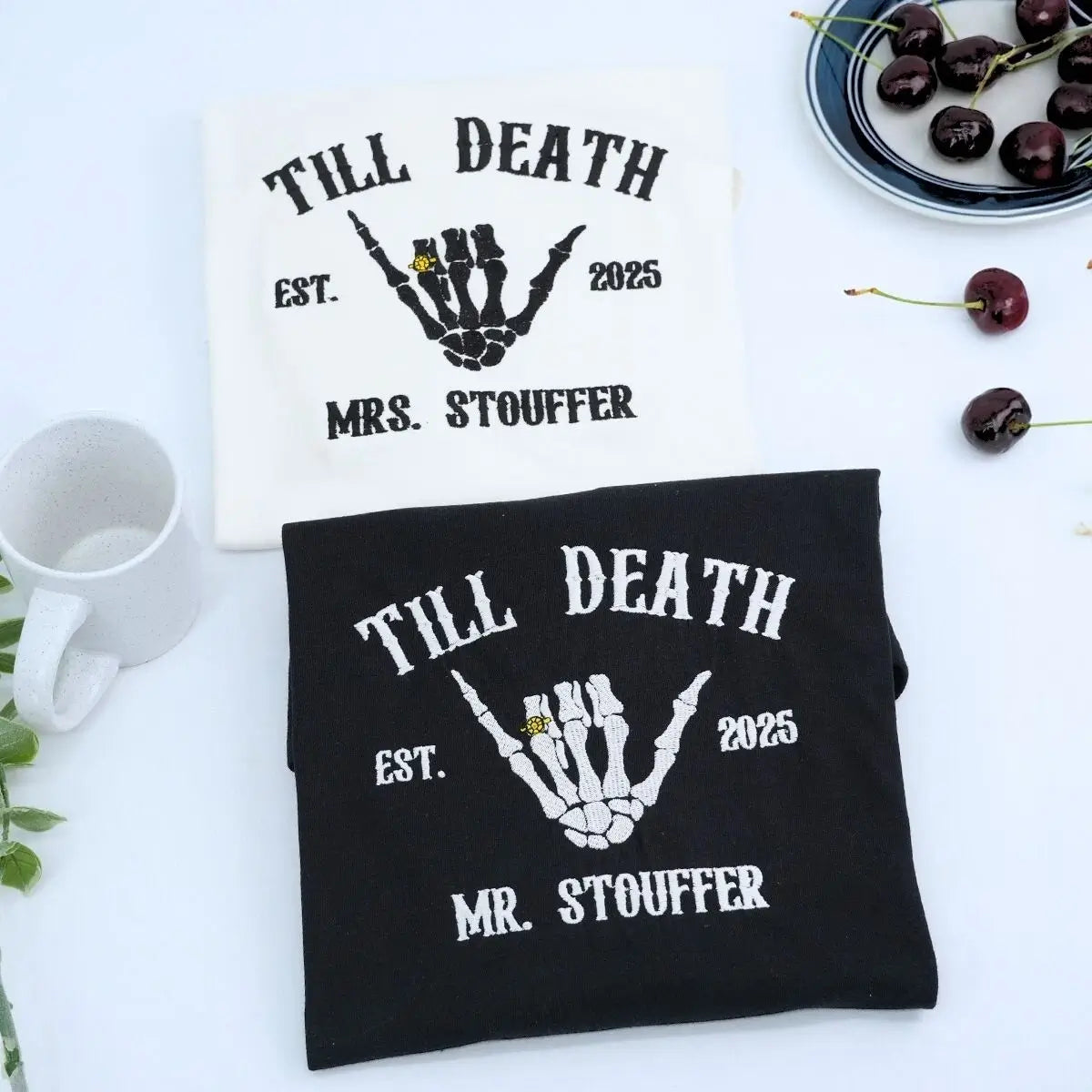 Custom Embroidered Skeleton Mr Mrs Matching Newlywed Shirt or Hoodie