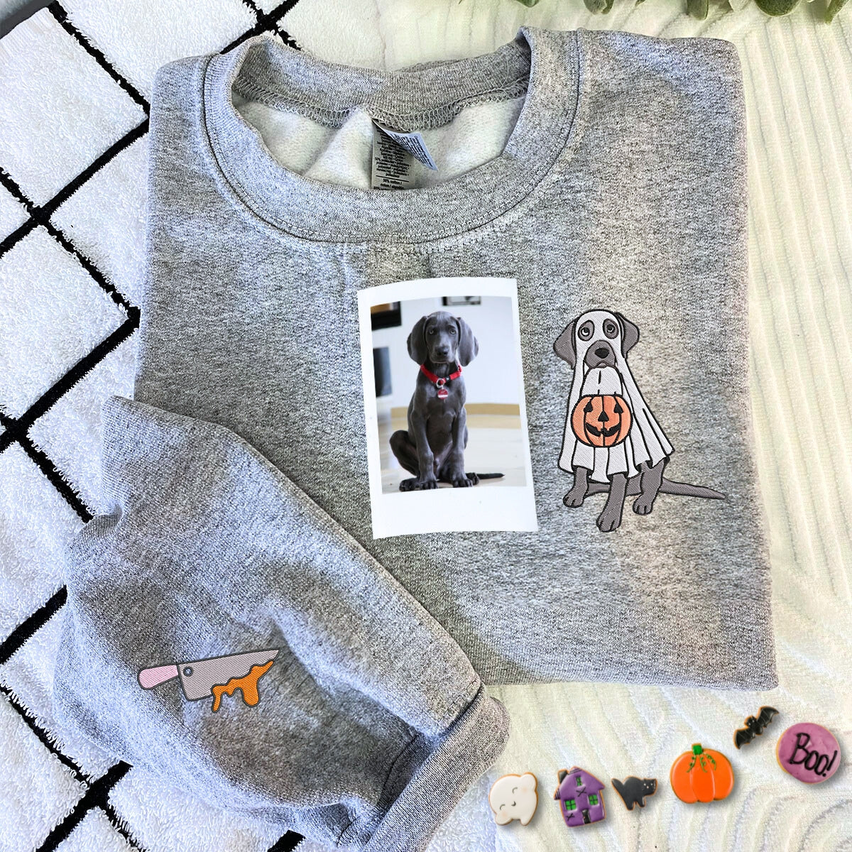 Custom Embroidered Halloween Ghost Dog Sweatshirt or Hoodie
