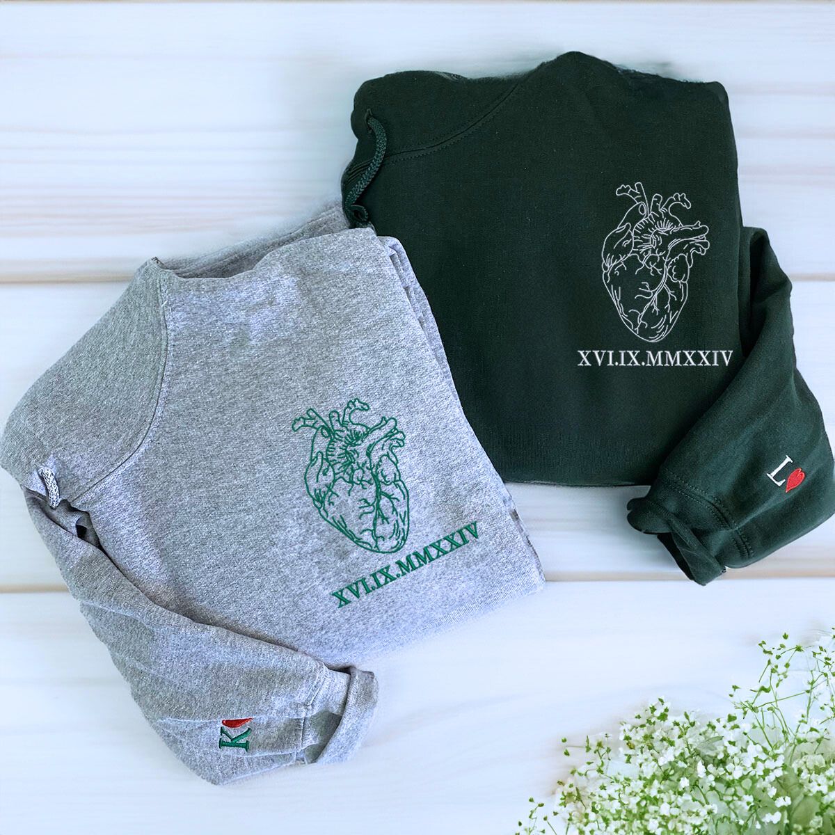 Embroidered Heart Sweatshirt for Couples, Personalized Valentines Gift