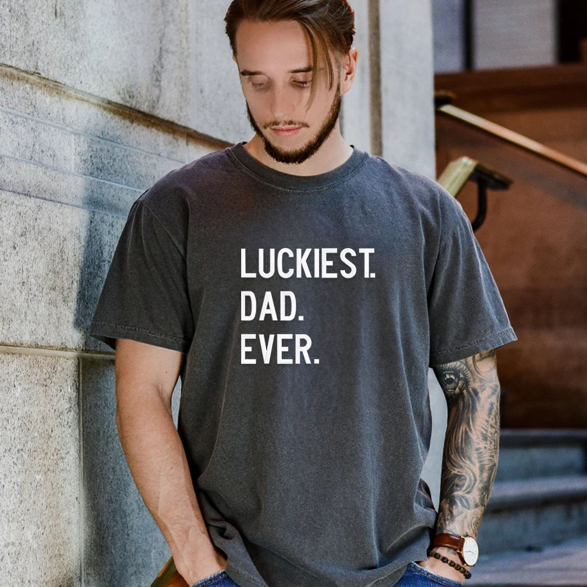 Embroidered Luckiest Dad Ever Shirt - Minimalist Style Comfort Wear