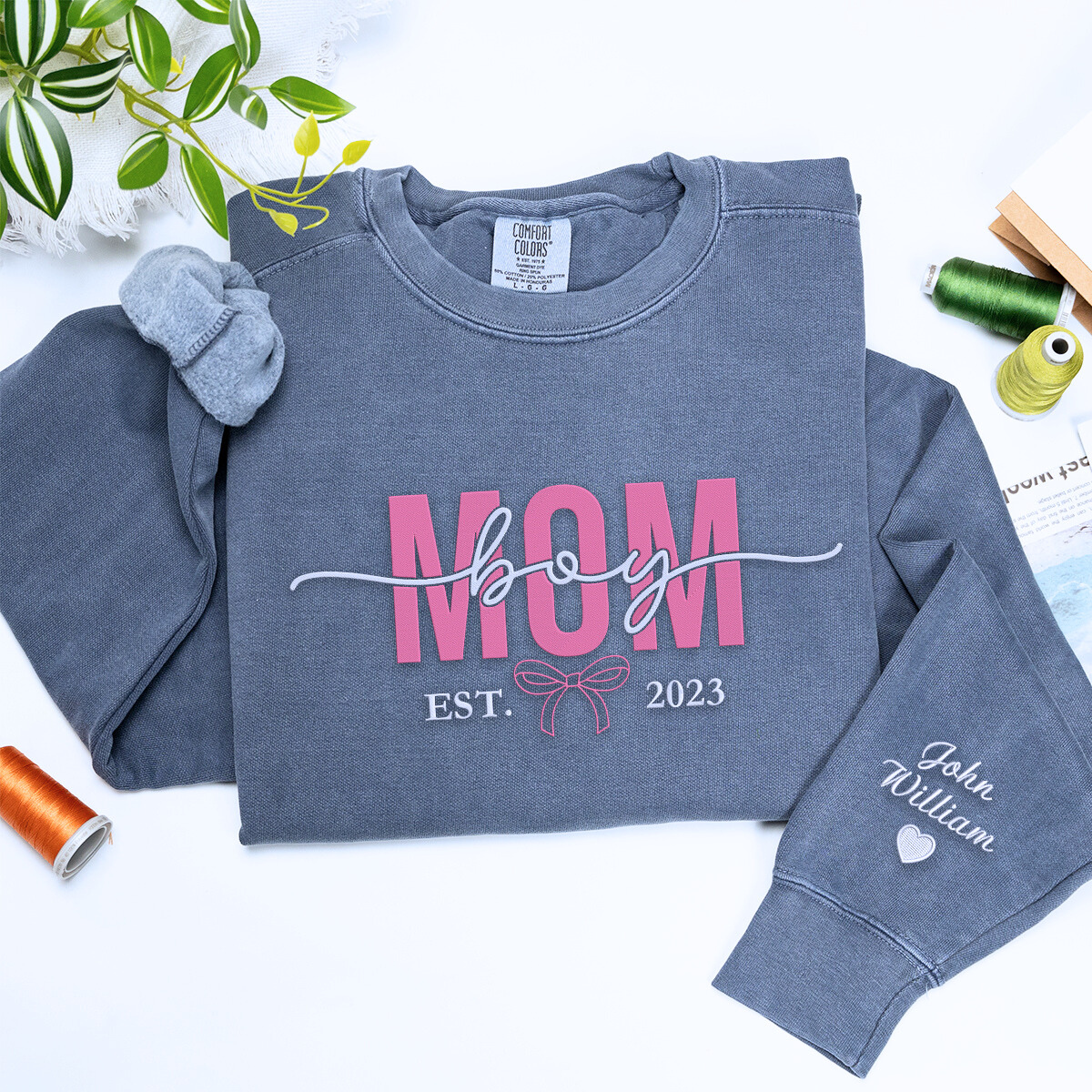 Personalized Boy Mom Embroidered Sweatshirt or Hoodie - Custom Gift