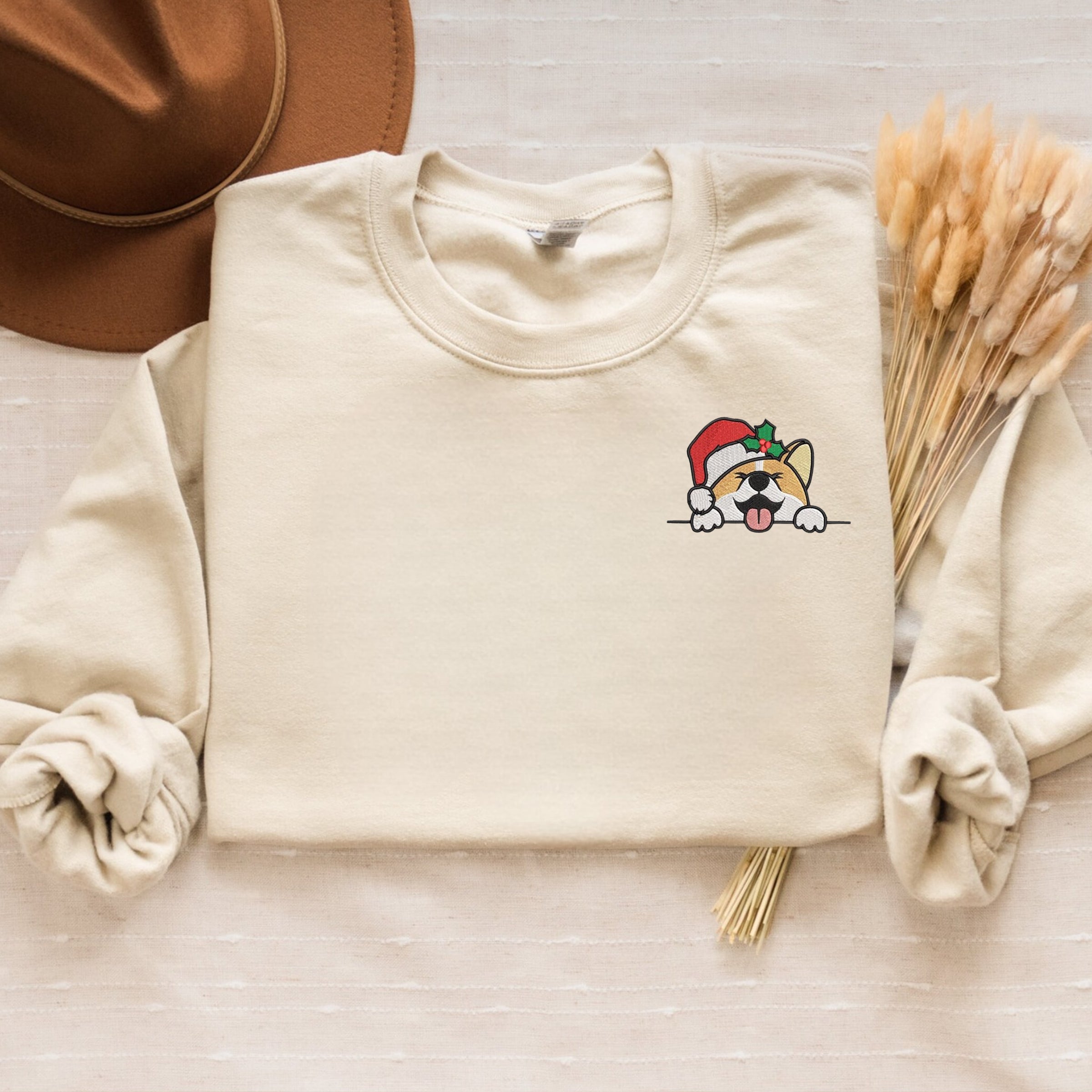 Festive Christmas Corgi Embroidered Sweatshirt for Cozy Holiday Cheer