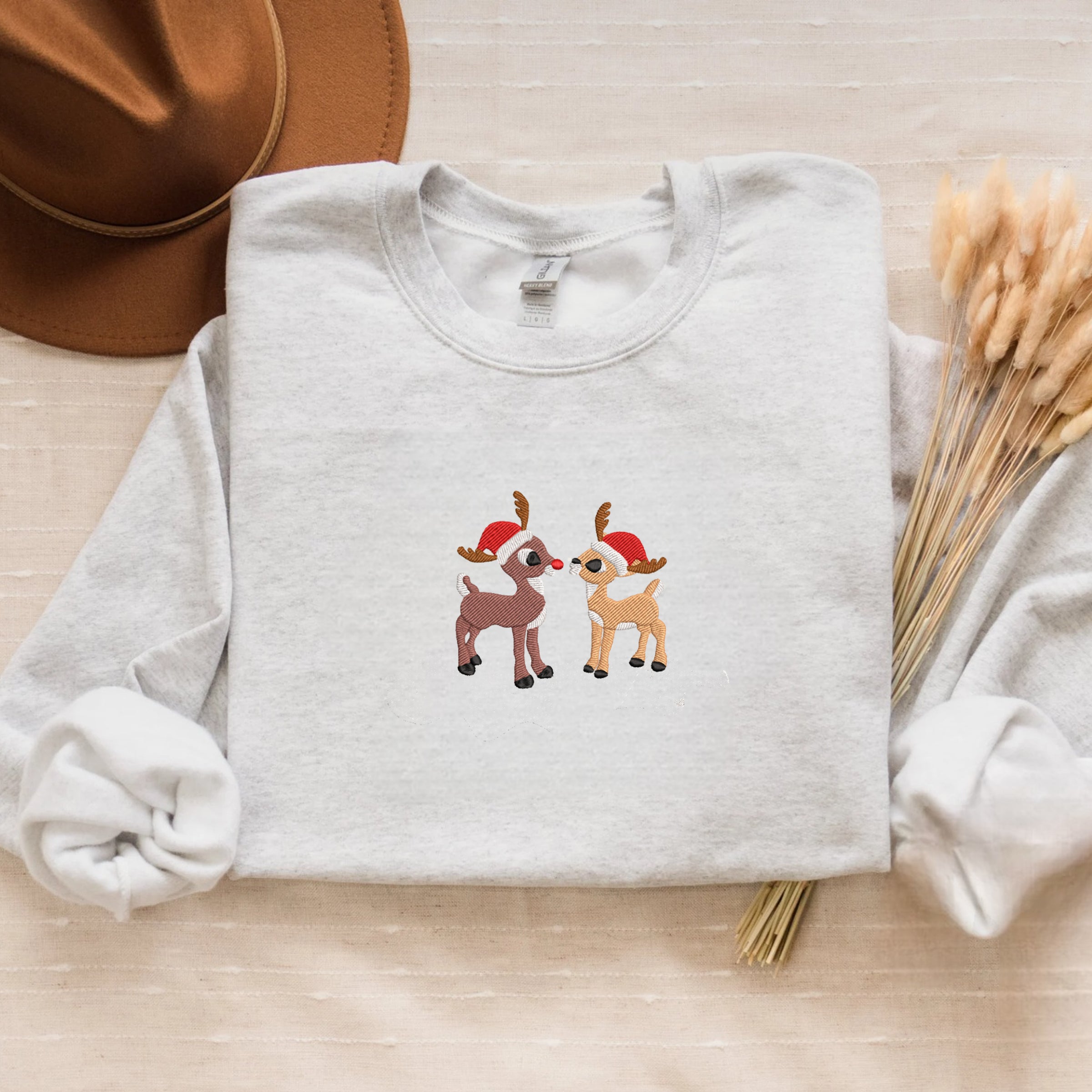 Rudolph & Clarice Christmas Sweatshirt with Embroidery, Festive Crewneck or Hoodie